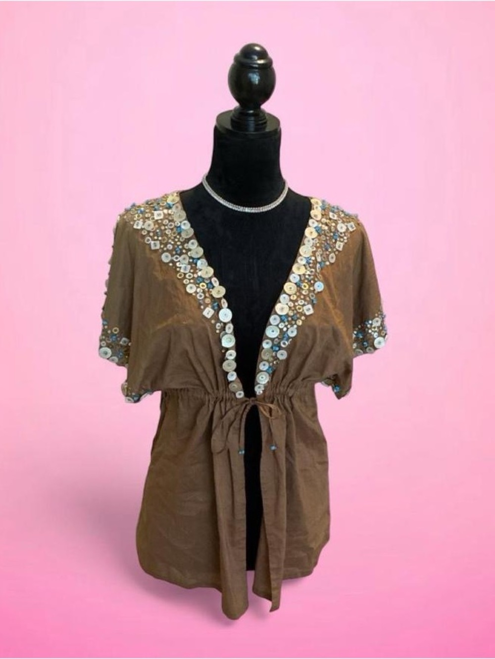 Embellished Brown Tie-Front Women's Tunic Top